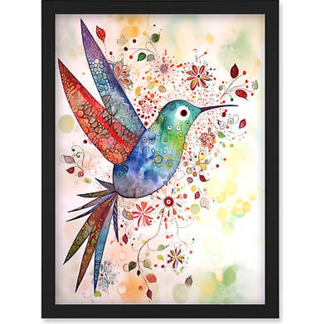 Hummingbird With Flower Patterns Folk Art Watercolour Painting Artwork Framed Wall Art Print A4 - Black - One Size