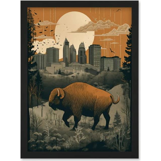 Bison in Forest by Urban Cityscape Modern Landscape Artwork Framed Wall Art Print A4 - Black - One Size