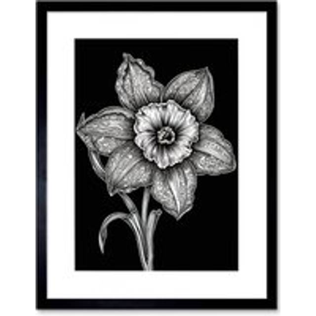 Wall Art Print Black and White Daffodil with Batik Style Petals Artwork Framed 9X7 Inch - W7 inch x H9 inch