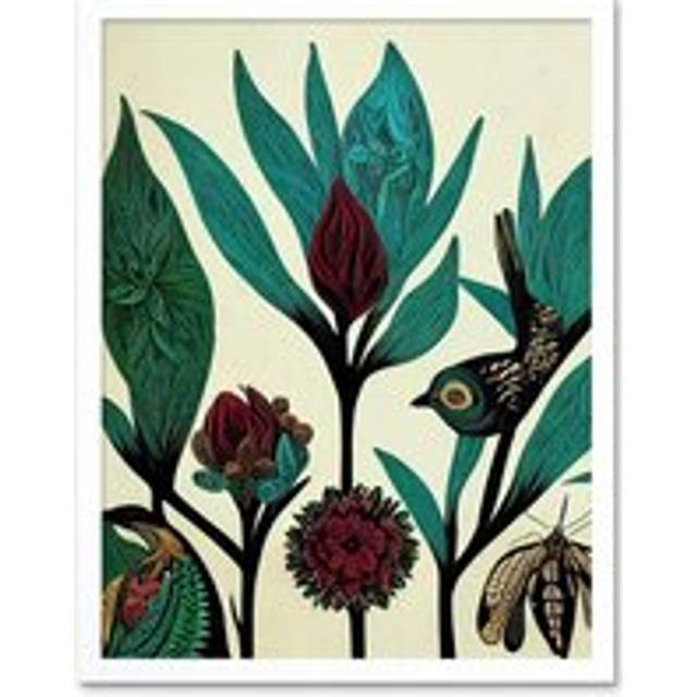 Wall Art Print Abstract Folk Art Leaves Flowers Birds Vintage Style Green Burgundy Cream Black Art Framed - White - W12 inch x H16 inch