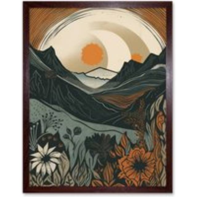 Wall Art Print Wild Flowers in Scottish Hills Sunrise Landscape Art Framed - Brown - W12 inch x H16 inch
