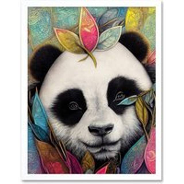 Wall Art Print Cute Panda In Bright Colourful Tribal Pattern Jungle Leaves Art Framed - White - W12 inch x H16 inch