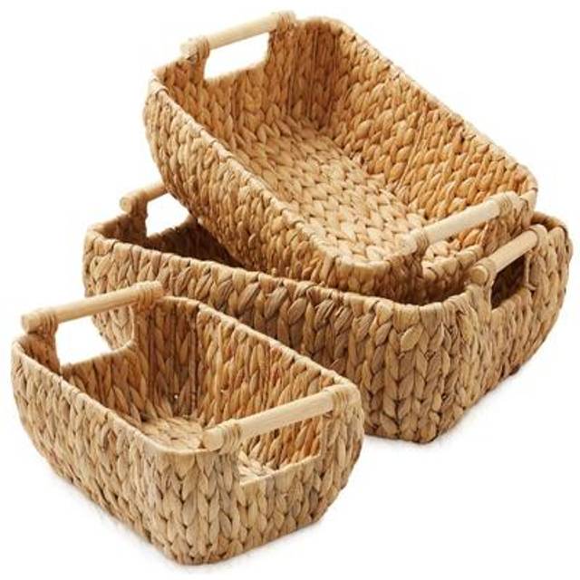 Casafield Set of 3 Water Hyacinth Oval Storage Baskets with Wooden Handles  Small  Medium  Large  Woven Nesting Basket Organizers