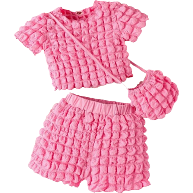 SHEIN 2pcs Young Girls&#39; Lovely Popcorn Textured Short Sleeve Top And Shorts Set For Summer