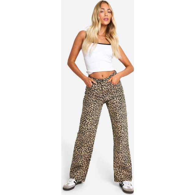 Womens Leopard Denim Straight Leg Jeans - Beige - 6, Beige