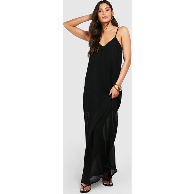 Womens Pleated Strappy Maxi Dress - Black - 8