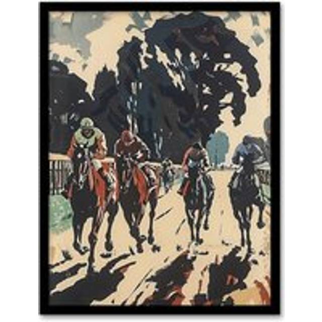 Horse Racing Scene Modern Artwork Jockeys Bold Framed Art Print - Beige - W12 inch x H16 inch