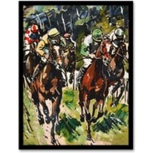 Jockeys in Horse Racing Scene Modernist Painting Framed Art Print - Green - W12 inch x H16 inch