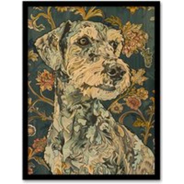 Abstract Portrait Dog in Flowers Painting Animal Framed Art Print - Green - W12 inch x H16 inch