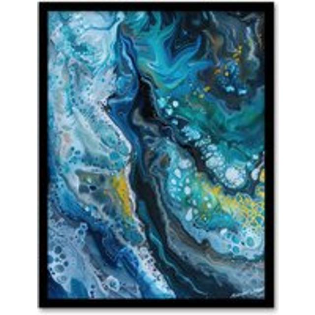 Liquid Paint Teal Blue Yellow Abstract Painting Framed Art Print - A4