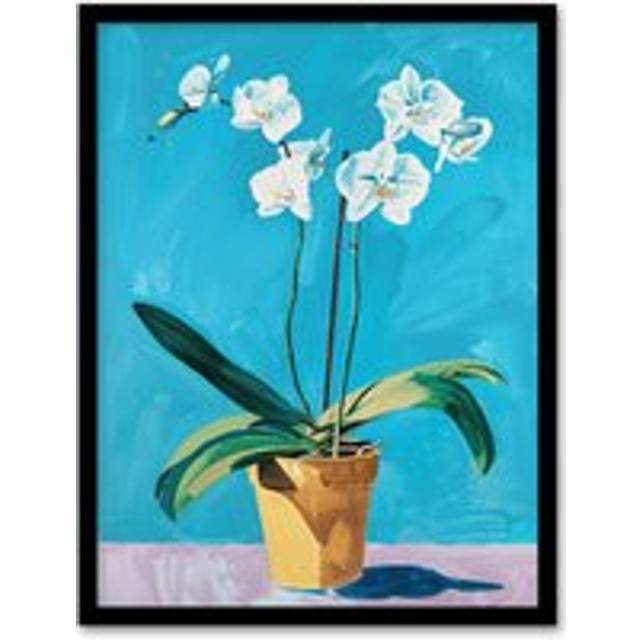 White Orchid Flower Pot Painting Framed Art Print - Blue - A4