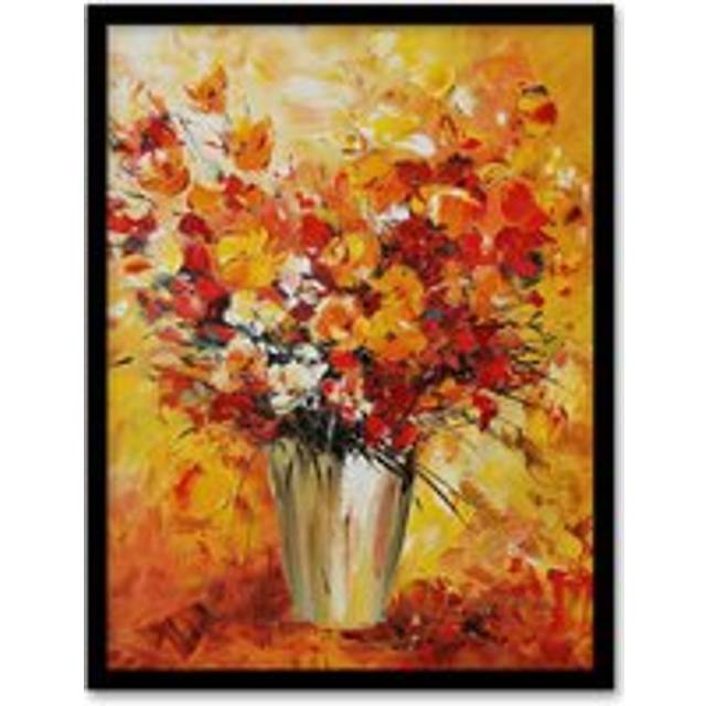 Autumn Flowers Floral Bouquet Oil Painting Framed Art Print - Mustard - W12 inch x H16 inch