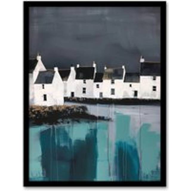 Scottish Coastal Village Oil Painting Grey Sky Framed Art Print - A4