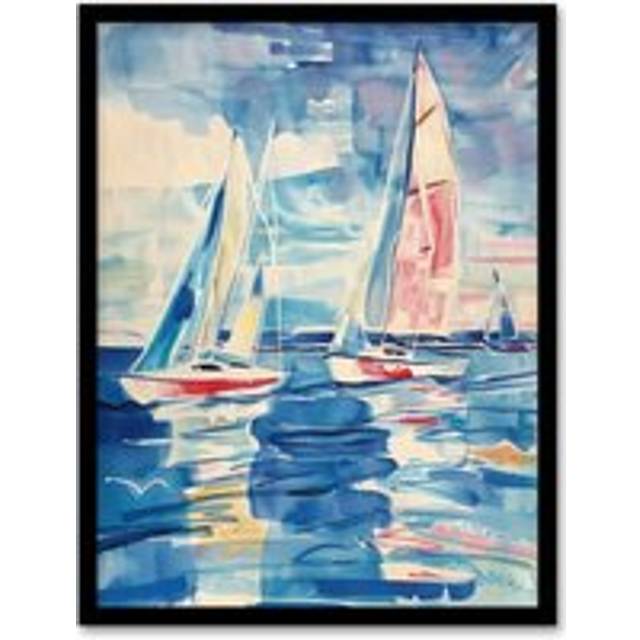 Sailboats at Sea Oil Painting Nautical Seascape Framed Art Print - Blue - A4
