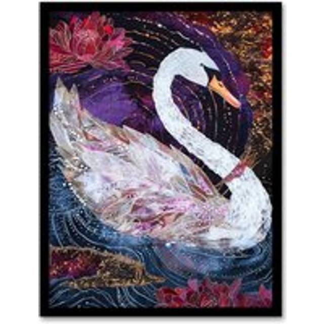 Magical Swan Artwork Enchanted Purple Pink Framed Art Print - Black - A4
