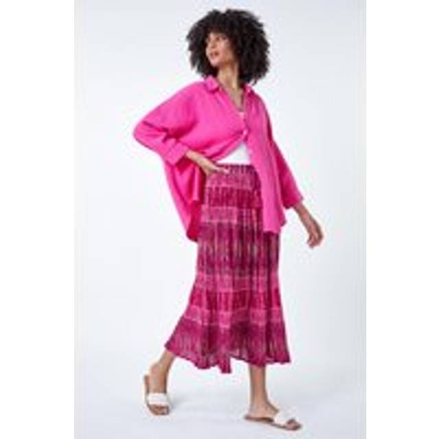 Roman Pink Crinkle Cotton Metallic Foil Midi Skirt - Size 12