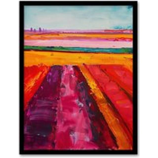 Abstract Red Tulip Fields Oil Painting Pink Bold Framed Art Print - Orange - A4