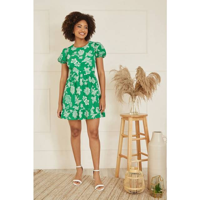Mela London Womens Green Floral Print Skater Dress With Back Tie - Size 10 UK