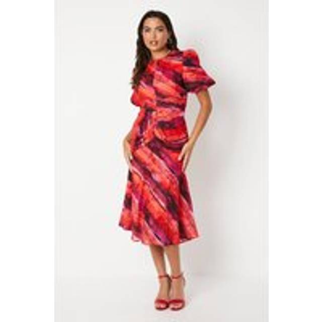 Printed Puff Sleeve Midi Wedding Guest Dress - Pink - 14