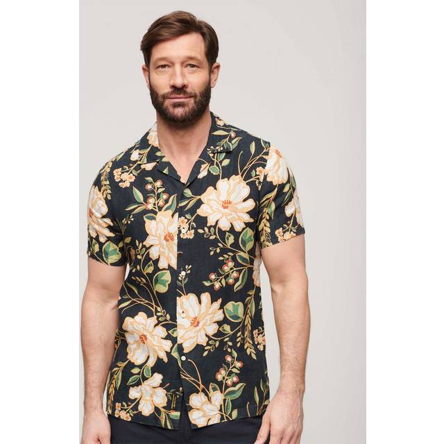 Superdry Open Collar Print Linen Shirt Madeline Navy