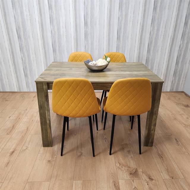 Kosy Koala - Dining Table and 4 Chairs Rustic Effect Table with 4 Mustard Gem Patterned Chairs