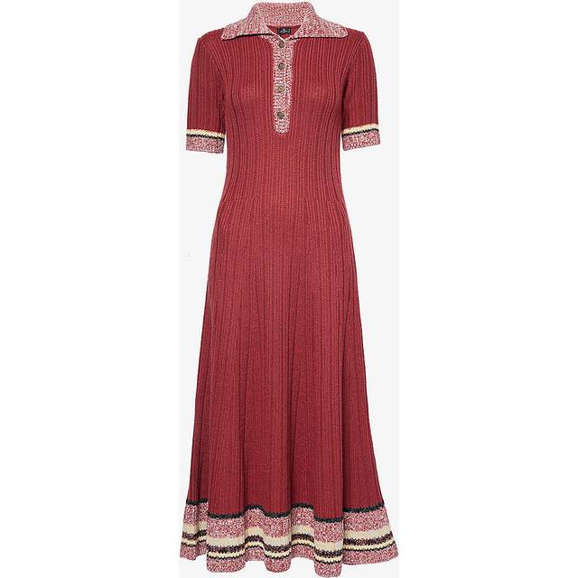Etro Womens Dark Aubergine Striped-trim Short-sleeved Wool and Cotton-blend Knitted Midi Dress 8 - DARK AUBERGINE