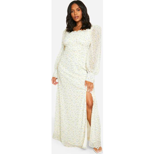 Womens Plus Floral Corset Detail Maxi Milkmaid Dress - Yellow - 28