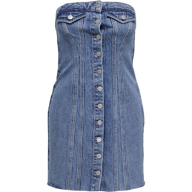 ONLY – Blå, kort jeansklänning med korsett och knäppning