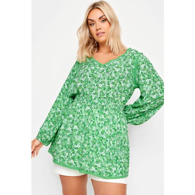 Yours Curve Green Ditsy Floral Print Smock Top, Women's Curve & Plus Size, Yours - 14