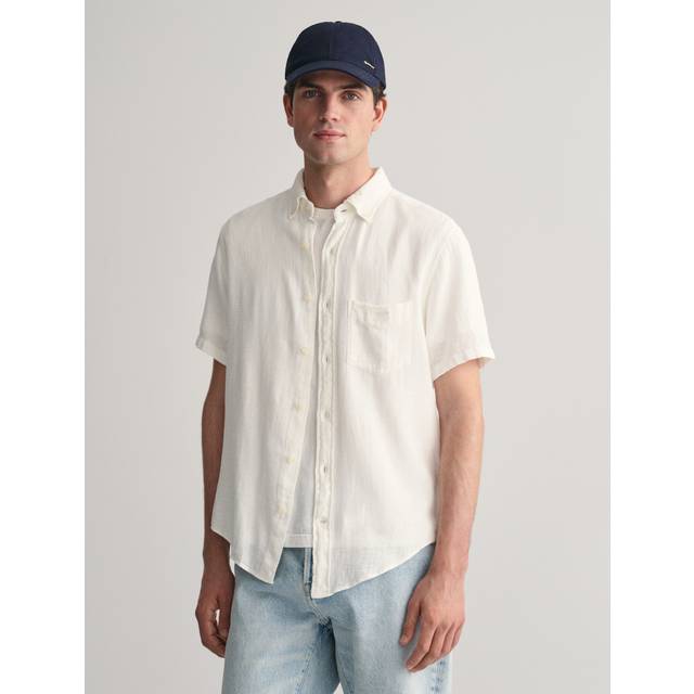 Gant Mens Regular Fit Cotton Linen Texture Short Sleeve Shirt - White - Size Large