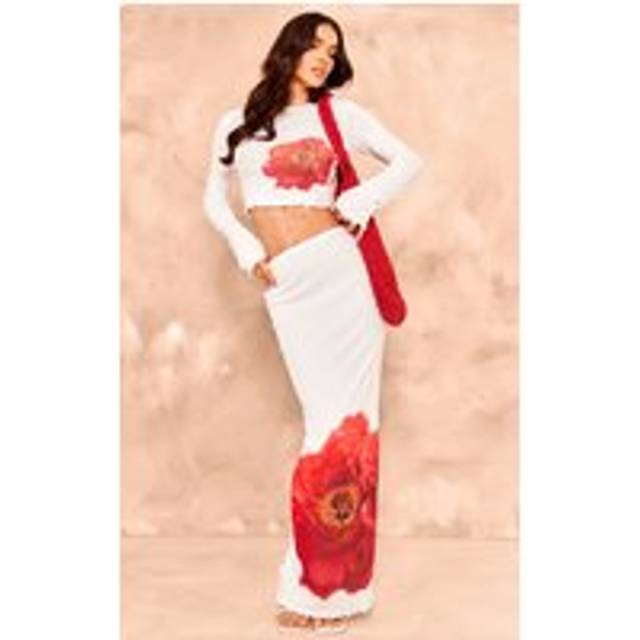 White Floral Print Maxi Skirt, White - 8