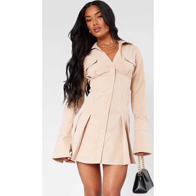 Stone Poplin Pleated Flared Sleeve Shirt Dress, White - 14