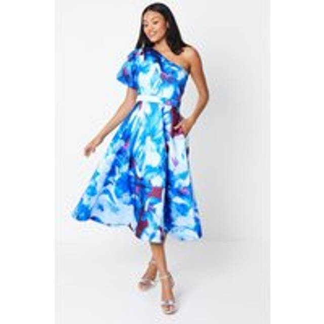 Printed One Shoulder Midi Wedding Guest Dress - Blue - 10