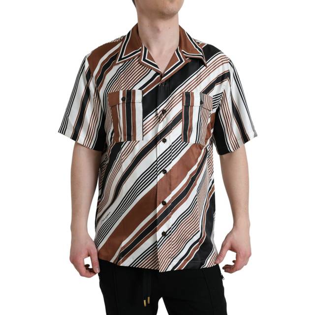 Dolce & Gabbana Brown White Silk Striped Short Sleeve Shirt - IT38 | XS