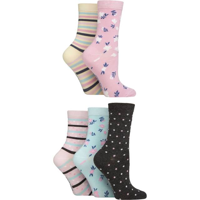 Women's 5 Pair SOCKSHOP Plain, Patterned and Striped Bamboo Socks Floral 4-8 - Multi Coloured