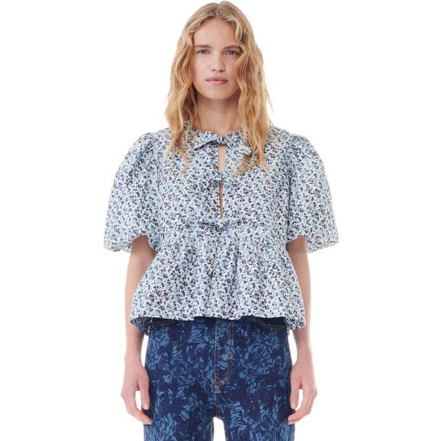 Ganni Printed Cotton-Poplin Peplum Blouse - EU 38/UK 10 - Blue