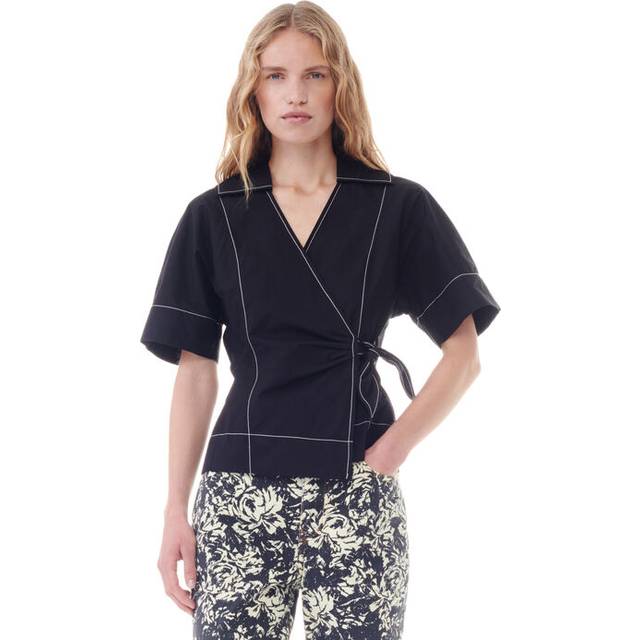 Ganni Cotton-Poplin Wrap Blouse - EU 36/UK 8 - Black