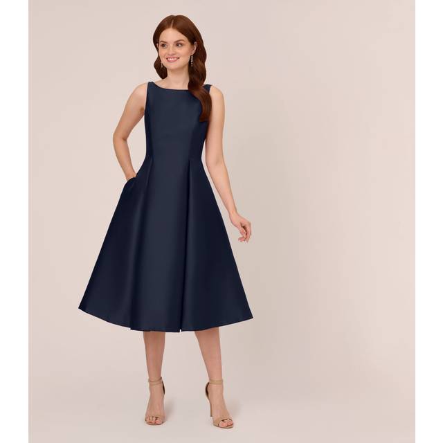 Sleeveless Mikado Fit And Flare Midi Dress With V-Back In Midnight - 18