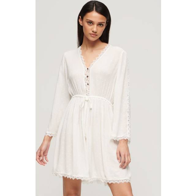 Superdry Damen Weiß Ibiza Minikleid mit V-Ausschnitt Spitze, Größe: 34
