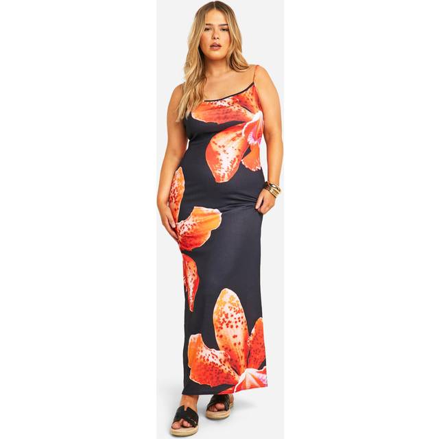 Womens Plus Floral Printed Strappy Maxi Dress - Black - 28