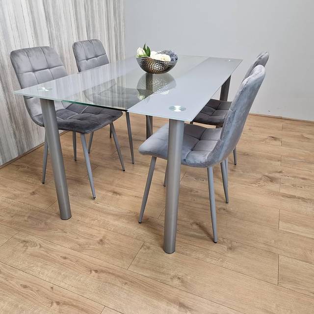 Kosy Koala Dining Table And 4 Chairs Grey Clear Glass 4 Velvet Grey Chairs, Multi