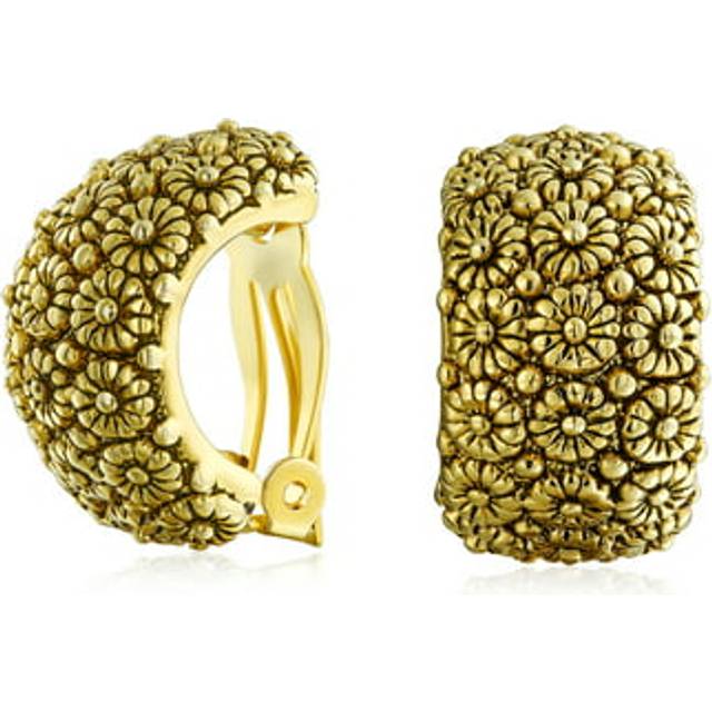 Fashion carved sunflower flower wide half hoop clip earrings for women ears in oxidized gold tone non-pierced plated. gold