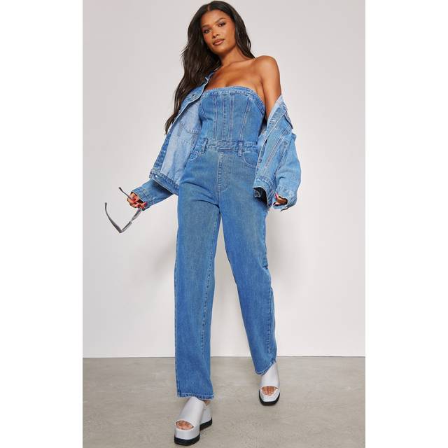 Mid Blue Wash Bandeau Denim Jumpsuit, Mid Blue Wash - 4