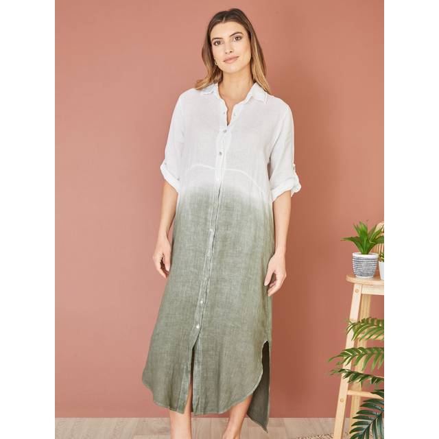 Yumi Womens White Italian Linen Hand Dip Dyed Midi Shirt Dress With Turn Up - Size Small/Medium