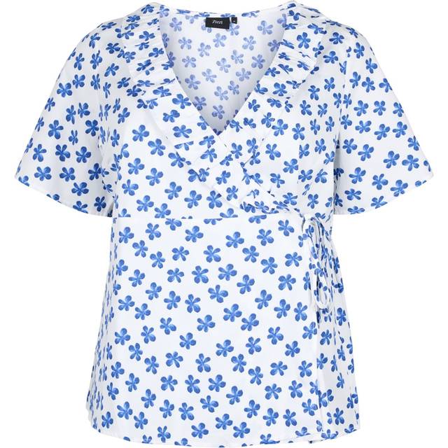 Zizzi - Omlottblus vLola S/S Wrap Aop Top - Blå