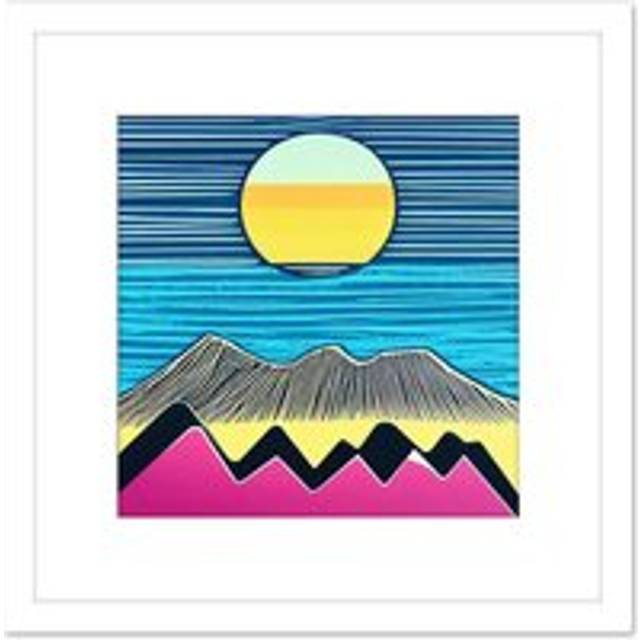 Mountain Landscape Large Sun Modern Sunrise Boho Pink Yellow Blue Linocut Illustration Square Wooden Framed Wall Art Print Picture 8X8 Inch - White - - One Size