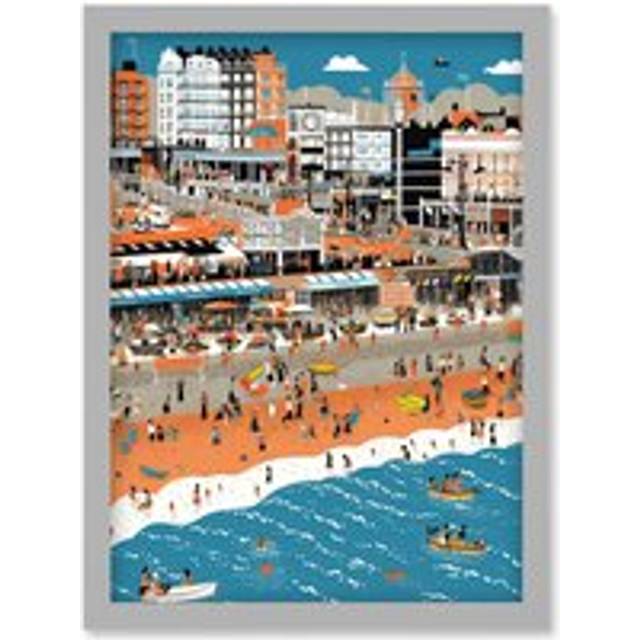 Brighton Beach and Palace Pier Modern Abstract Artwork Framed Wall Art Print A4 - Grey - One Size
