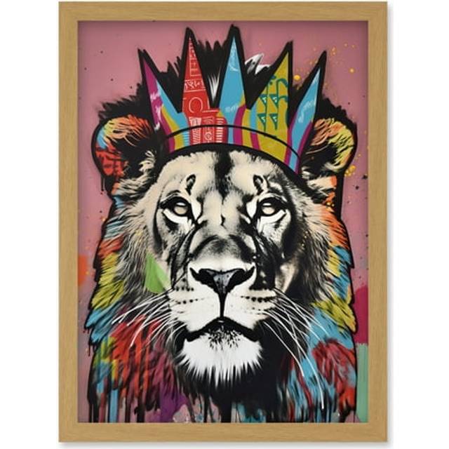 Lion with Crown King of the Jungle Modern Pop Art Artwork Framed Wall Art Print A4 - Light Oak - One Size