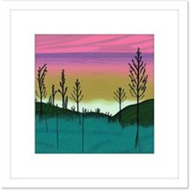 Forest Hill Sunset Sunrise Sky Landscape Painting Pink Purple Green Teal Square Wooden Framed Wall Art Print Picture 8X8 Inch - White - One Size