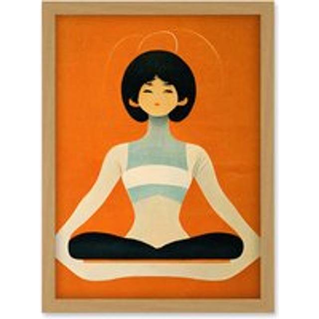 Peaceful Japan Woman In Yoga Pose Orange Black Quirky Artwork Framed Wall Art Print A4 - Tan - One Size